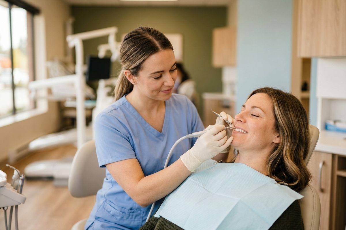 A dentist holds tools near the mouth of a smiling adult patient seated in a dental chair.