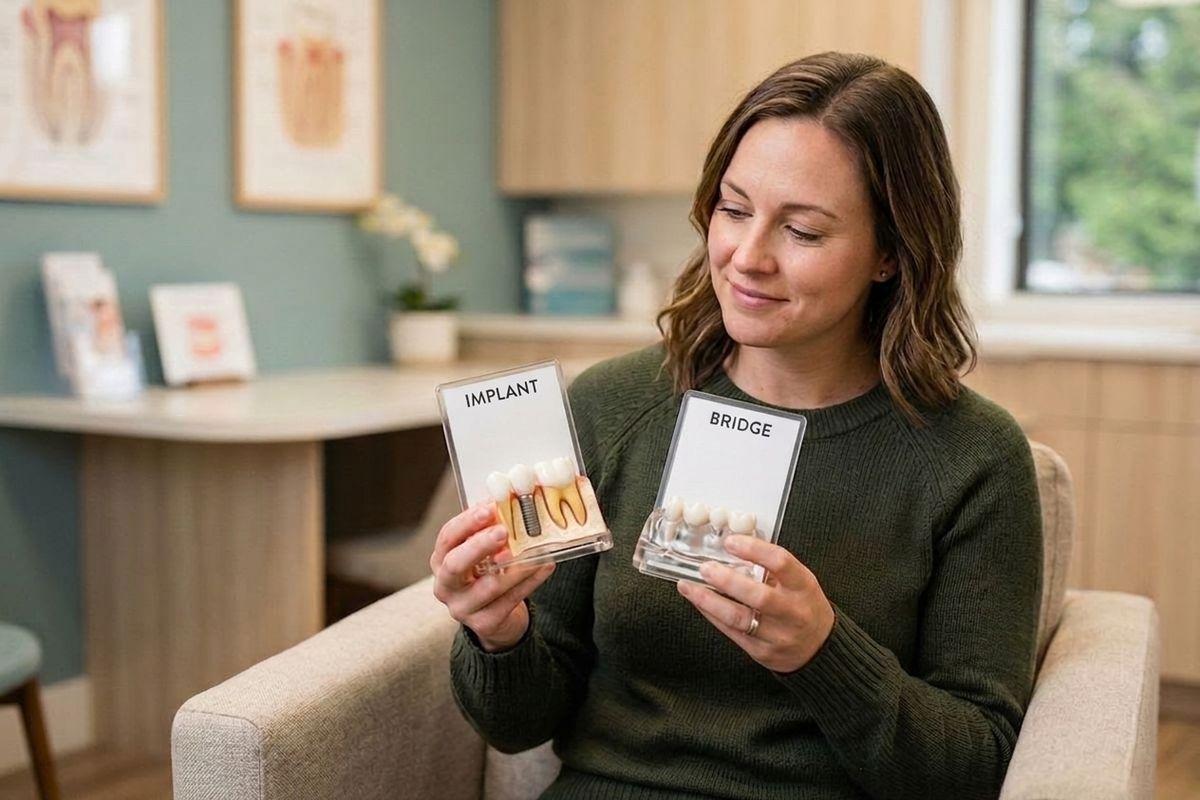An adult sitting in a dental clinic holds and looks at two clear display models of teeth labeled IMPLANT and BRIDGE.