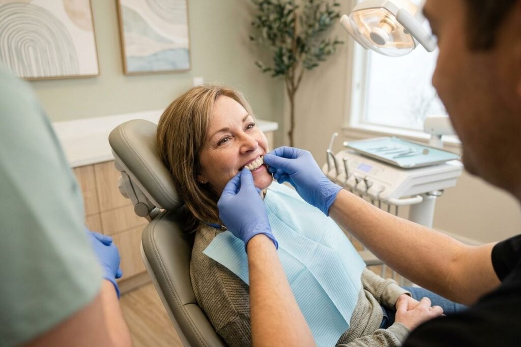 A dentist in blue gloves holds a set of model teeth against a smiling adult patient's mouth in a dental office.