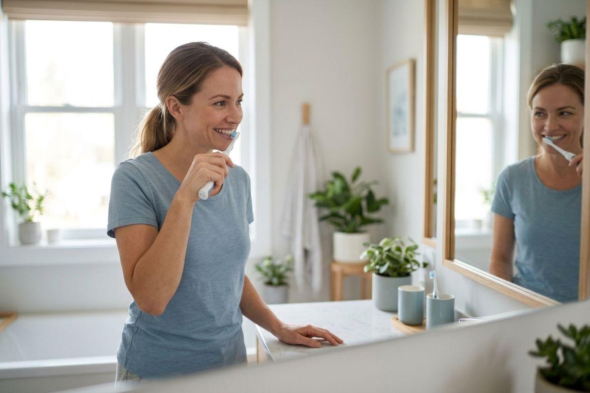 A smiling adult looks into a bathroom mirror while brushing their teeth with an electric toothbrush.