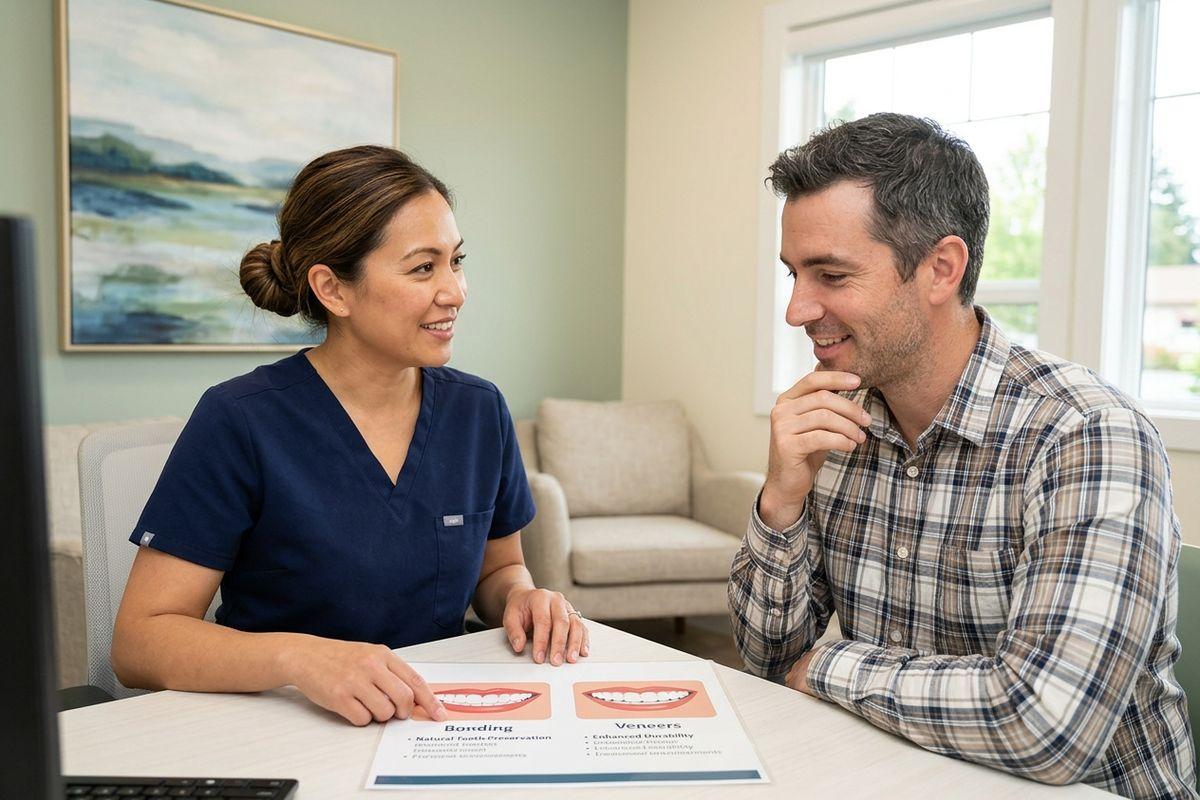 A smiling dentist at a desk points to a paper showing teeth labeled Bonding and Veneers while talking with an adult patient.