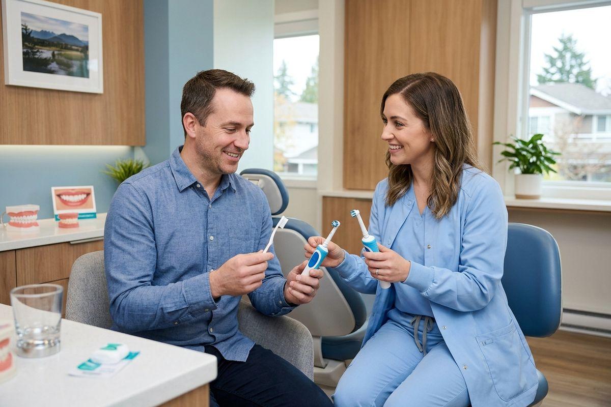 A smiling hygienist and adult patient in a dental office hold and discuss manual and electric toothbrushes.