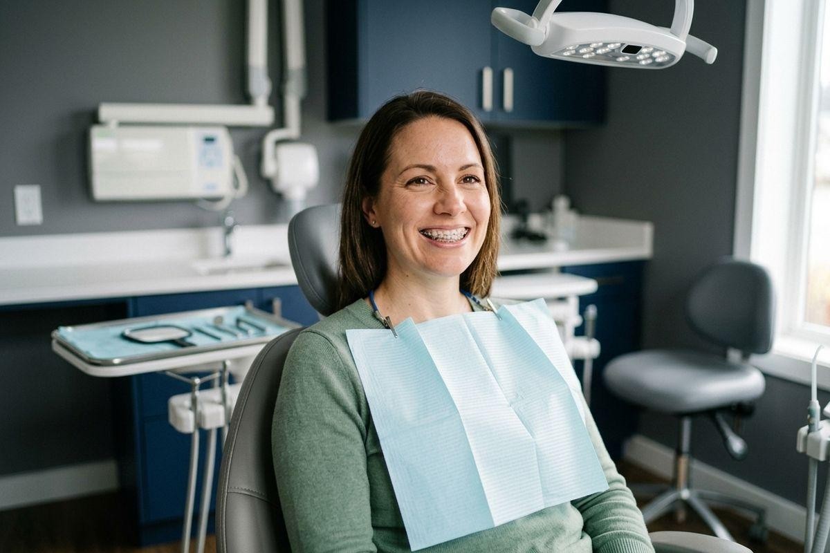 A smiling adult with braces sits in a dental chair wearing a light blue bib in a dental office.