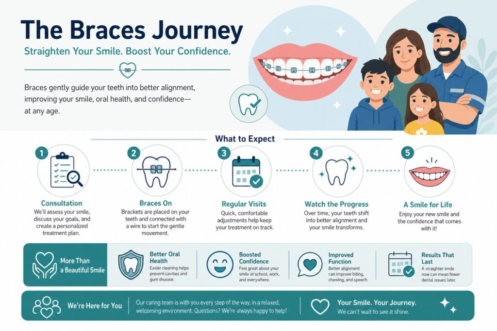 Infographic titled "The Braces Journey" showing smiling adults and children, a mouth with braces, and a 5-step treatment process timeline.